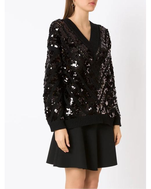 Valentino Black Sequin-Embellished V-Neck Jumper Clothing