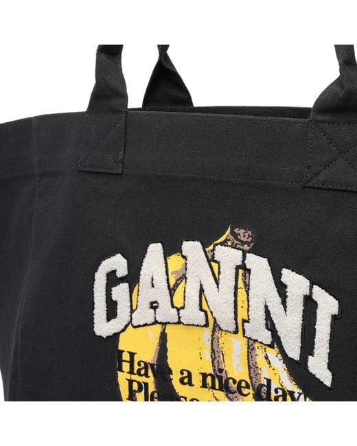 Ganni Black Xxl Banana Print Logo Shopper Bag
