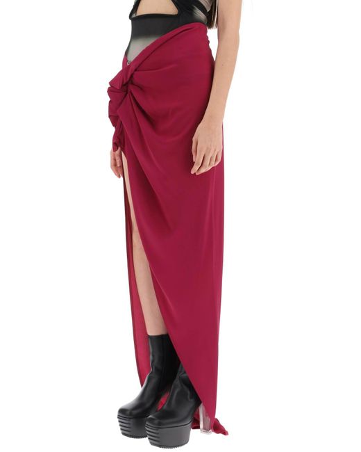 Rick Owens Red Draped Skirt With Slit And Train
