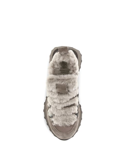 Brunello Cucinelli White Suede And Tech Cotton Sneakers With Shearling Lining Monili Detail Upper: Suede; Sole: Rubber