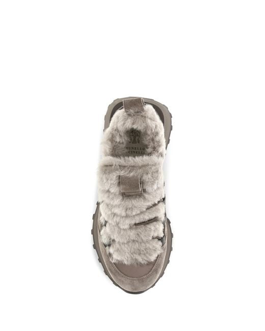 Brunello Cucinelli White Suede Shearling-Lined Sneakers Upper: Trainers