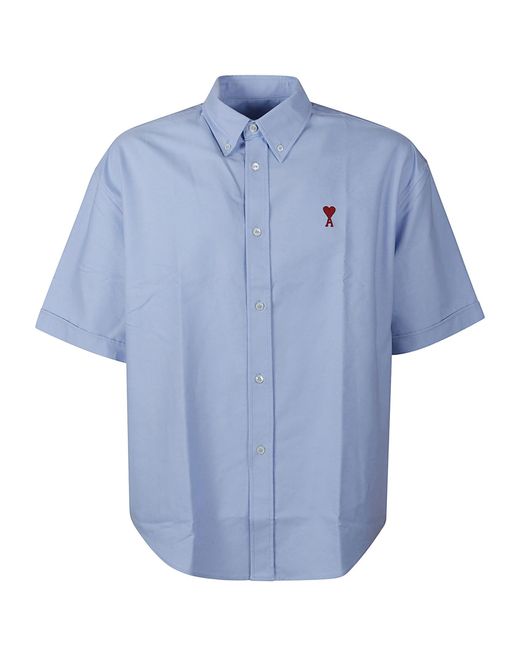AMI Blue Round Hem Short-Sleeved Logo Shirt for men