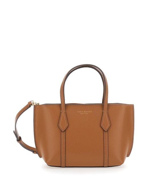 Tory Burch Brown 'Perry' Handbag With Adjustable And Removable Shoulder Strap And Embossed Logo Lettering On The Front