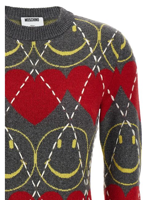 Moschino Red Wool Blend Mini Dress With Diamond-Stitched Pattern