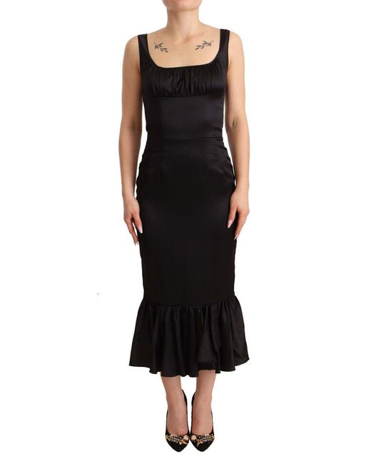 Dolce & Gabbana Black Elegant Silk Midi Sheath Dres