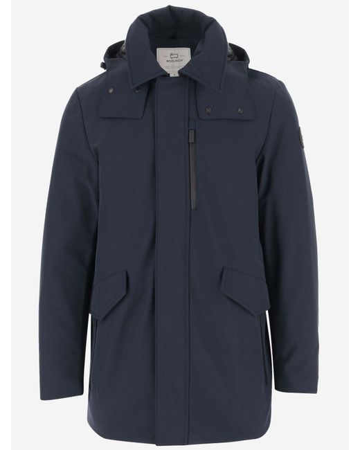 Woolrich Blue Hooded Polyester Mid-Length Coat for men