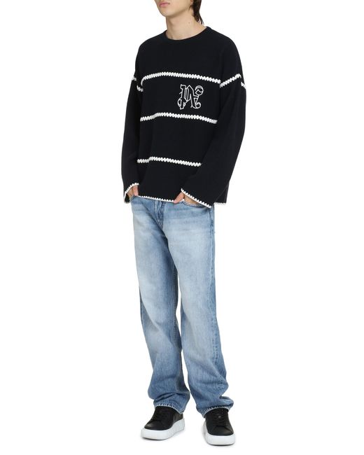 Palm Angels Black Knit Wool Blend Pullover Viscose Sweatshirts for men