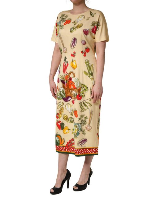 Dolce & Gabbana Metallic Fruit Polkadot Sheath Silk Midi Dress Elastane