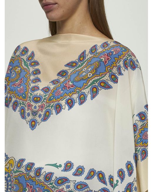 Etro Blue Ivory Paisley Print Crêpe De Chine Poncho