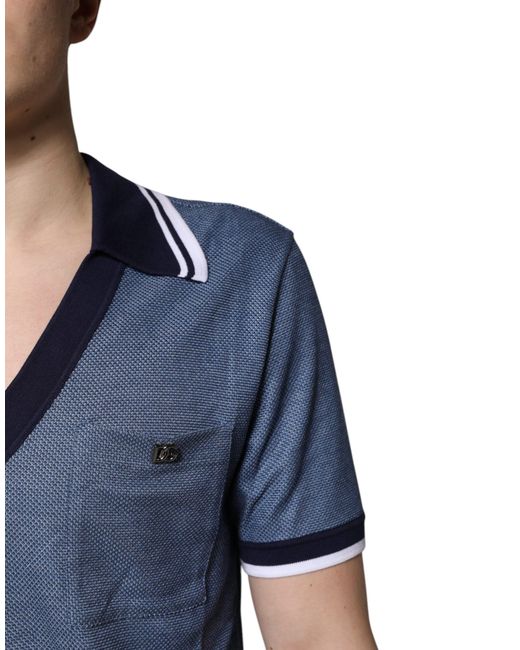 Dolce & Gabbana Blue Collared V-Neck Silk Blend Polo T-Shirt Cotton for men