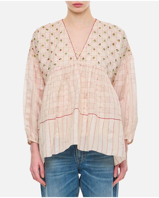 Péro Natural Embroidered Balloon Sleeves Blouse