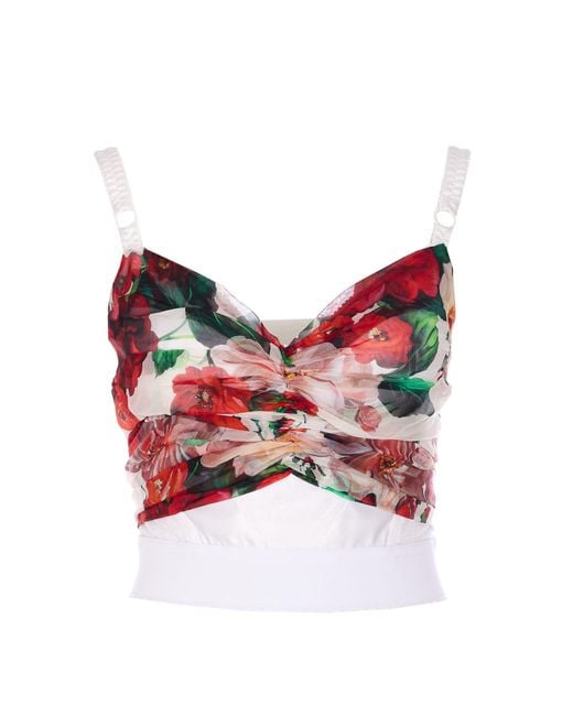Dolce & Gabbana Red Dolce&Gabbana Rose-Print Marquisette And Chiffon Corset Top