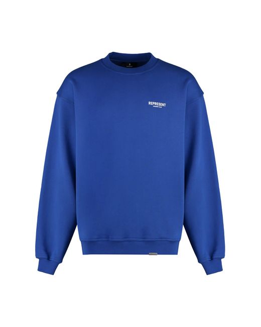 Represent Blue Cotton Crew-Neck Sweatshirt With Logo for men