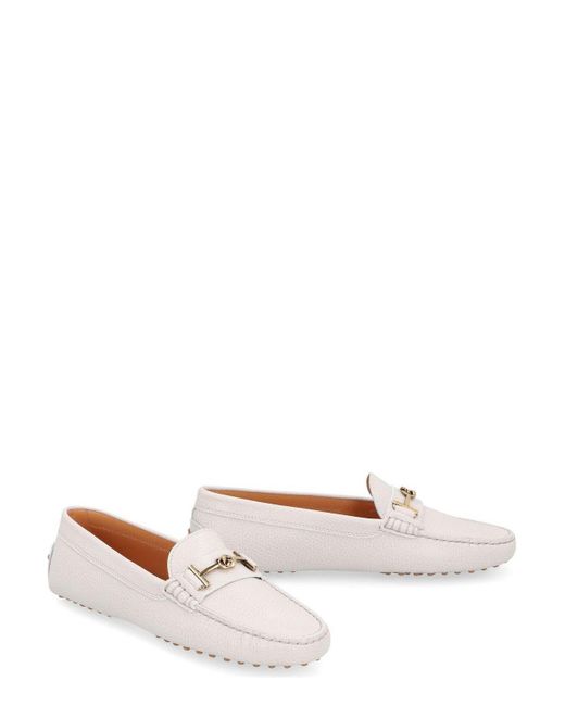 Tod's White Logo Plaque Round Toe Loafers