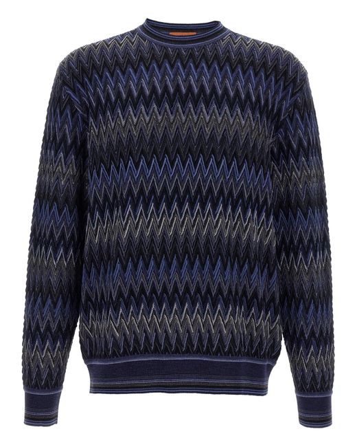 Missoni Blue Zigzag Pattern Wool Sweater With Crew Neck for men