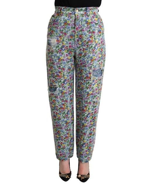 Dolce & Gabbana Black Floral High Waisted Tapered Denim Jean