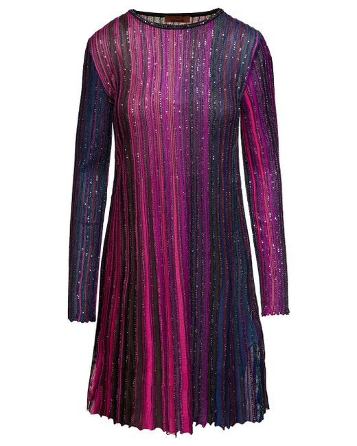 Missoni Purple Partialized Knit With Sequin Long Sleeves Mini Dress