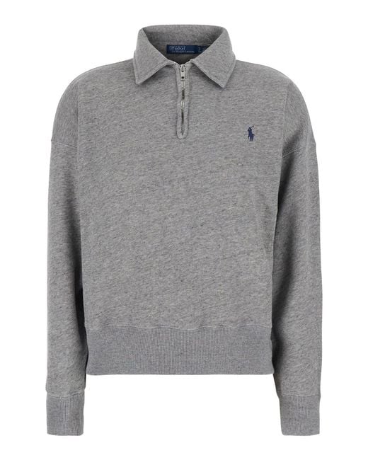 Polo Ralph Lauren Gray Polo-Collar Sweatshirt Cotton Blend Sweatshirts
