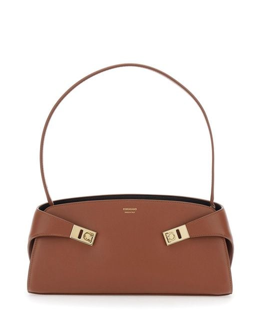 Ferragamo Brown Shoulder Bag Hug East West Leather Calf