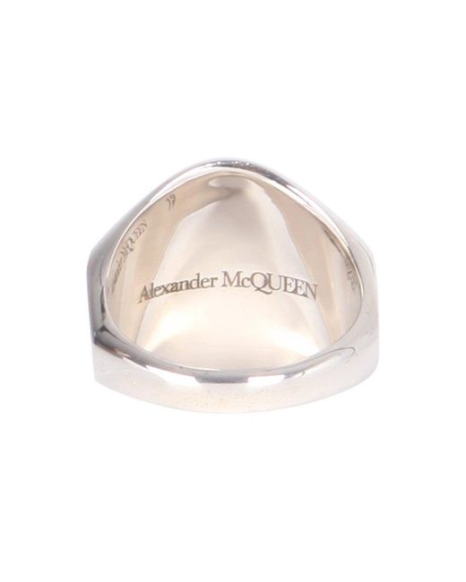 Alexander McQueen White Logo Print Skull Ring for men