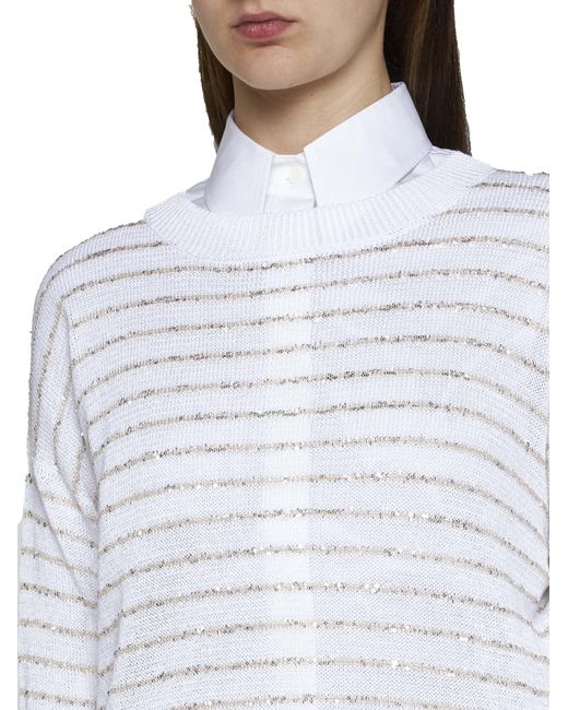 Brunello Cucinelli White Sequin-striped Cotton Sweater