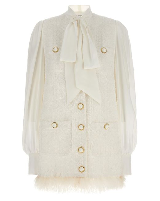 Balmain White Bow-detail Cotton-blend Tweed Minidress