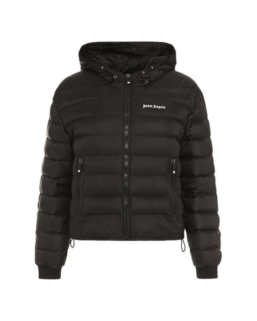Palm Angels Black Hooded Full-Zip Down Jacket Elastane Puffer
