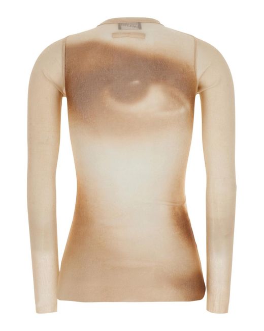 Jean Paul Gaultier Natural Long-Sleeved T-Shirt With Face Print Tech Fabric