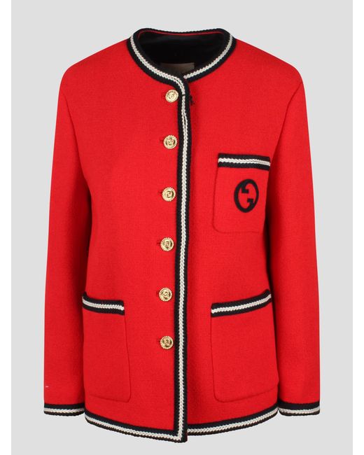 Gucci Red Round Interlocking G Tweed Jacket