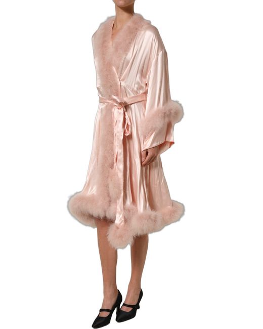 Dolce & Gabbana Pink Light Silk Turkey Feather Wrap Midi Dress