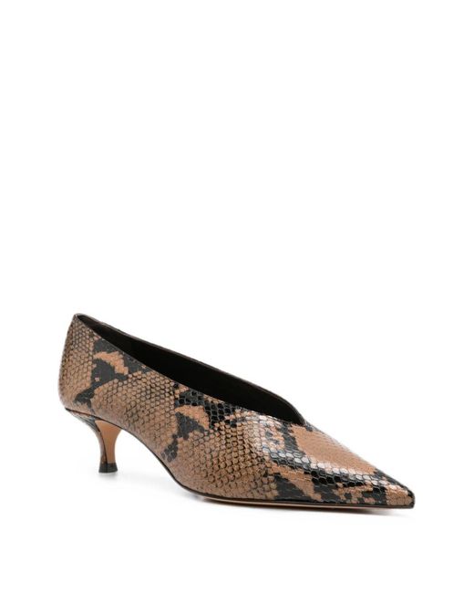 Le Monde Beryl Brown Taupe Python-Embossed Leather Babouche Kitten Heel Pointed Pumps With Kitten Heel