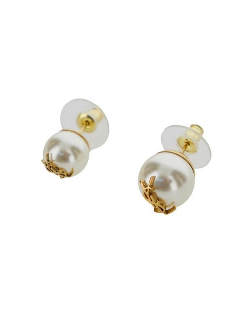 Saint Laurent Metallic Asymmetric Pearl Earrings, Brass