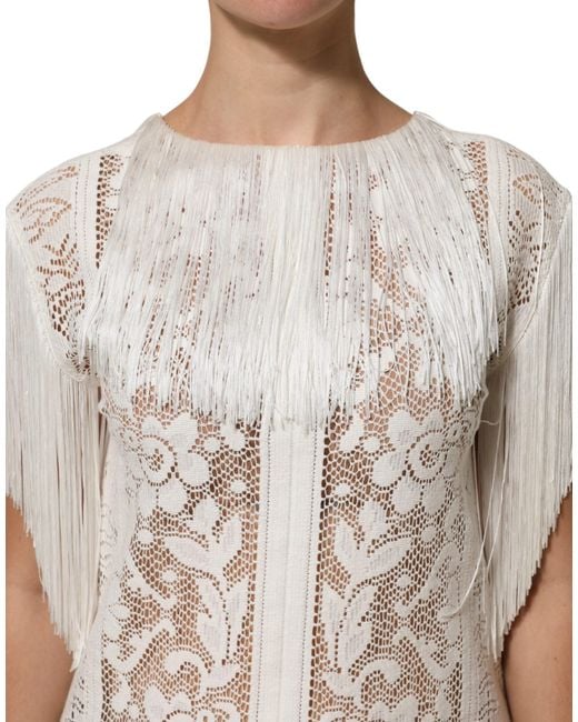Dolce & Gabbana White Floral Lace Fringe Knee Length Dress