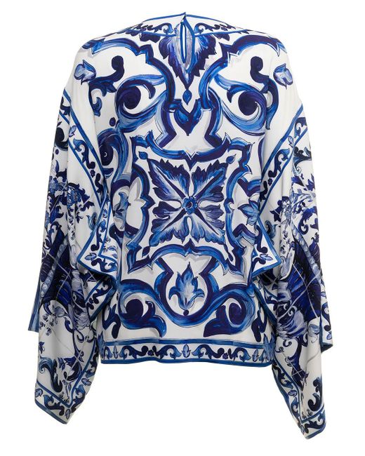 Dolce & Gabbana Blue Dolce & Gabbana Woman's Maiolica Printed Silk Shirt Blouse