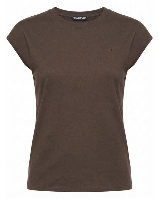 Tom Ford Brown Chocolate-Colored Cotton Jersey Crew Neck T-Shirt With Embroidered Tf Logo