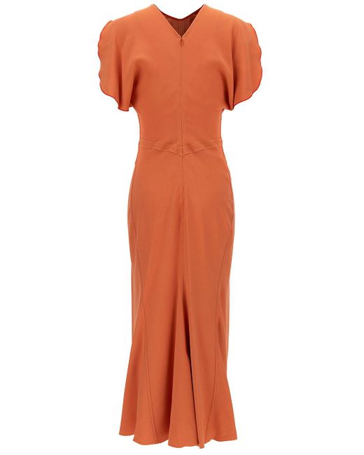 Victoria Beckham Midi Orange Dress With Gathered Waist In Viscose Blend Woman