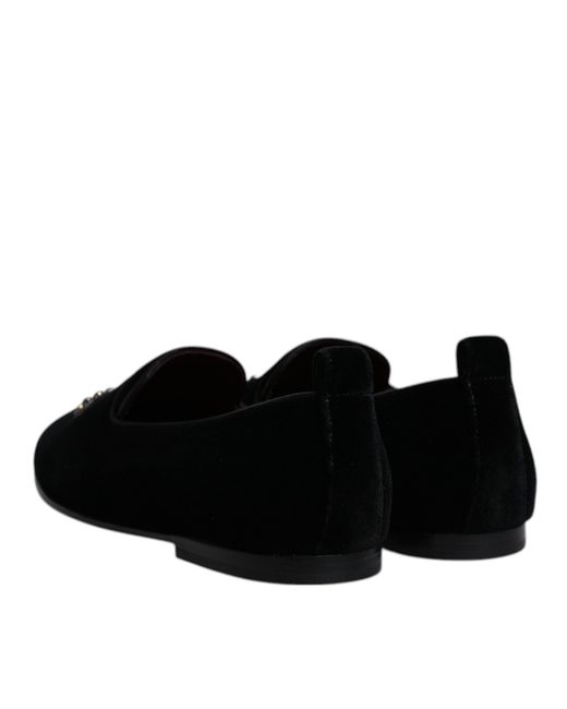 Dolce & Gabbana Black Velvet Crystal Crown Loafers Shoes for men