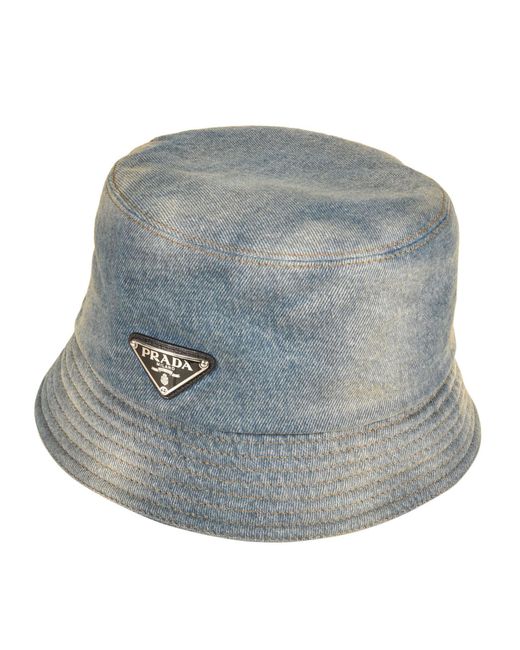 Prada Gray Metal Logo Plaque Denim Bucket Hat for men