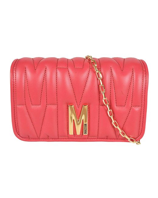 Moschino Red M Plaque Quilted Flap Chain Shoulder Bag