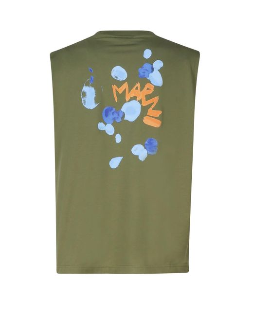 Marni Green Cotton Sleeveless T-shirt With Dripping Print for men