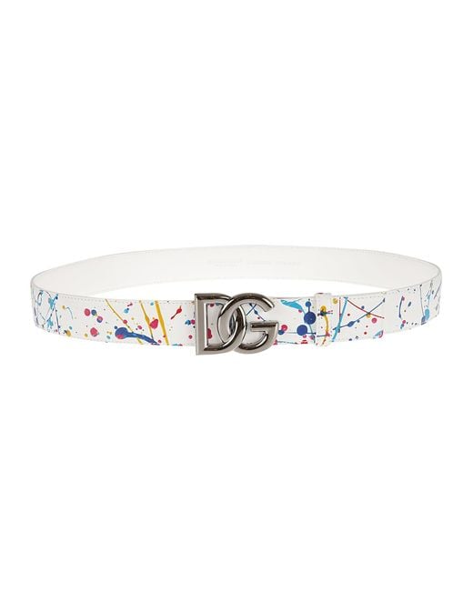 Dolce & Gabbana White Paint Splash Logo Buckle Belt for men