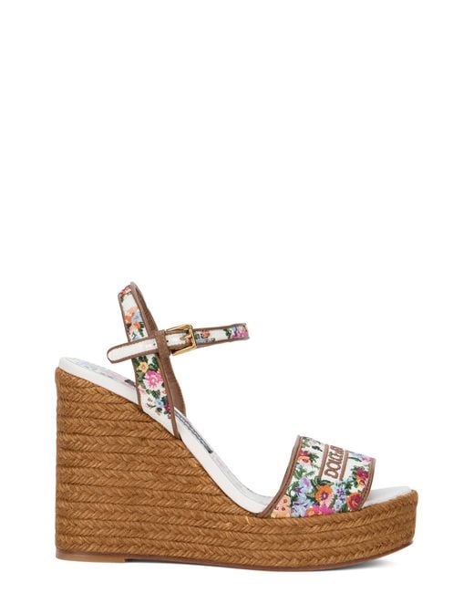 Dolce & Gabbana Brown Wedge Sandals With Majolica Print Goat Leather