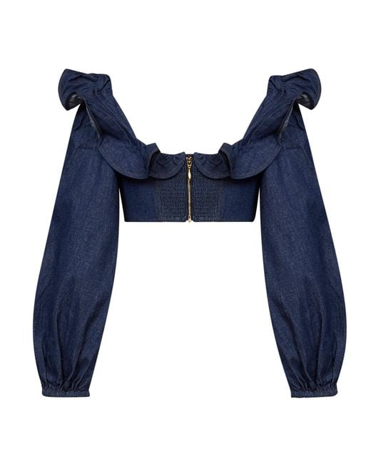 Zimmermann Blue Ink Denim Aster Cropped Frill Top