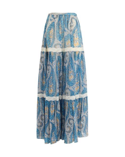 Etro Blue Silk Crepon Maxi Skirt