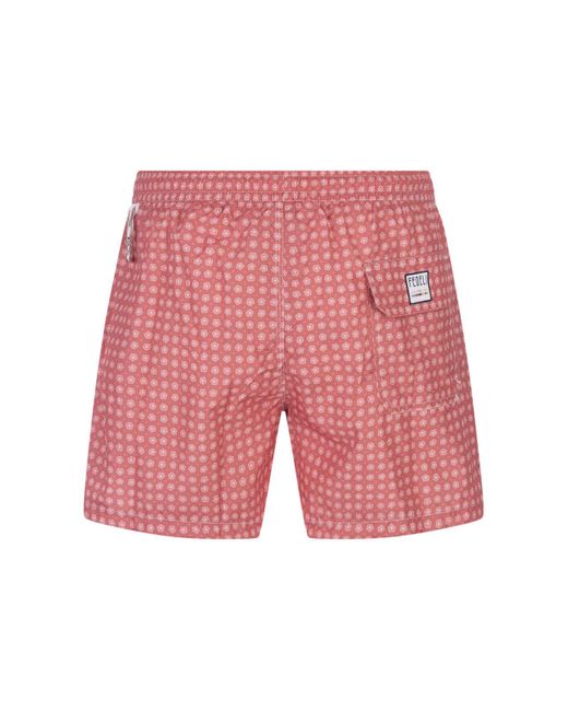 Fedeli Red Dark Swim Shorts With Micro Flower Pattern for men