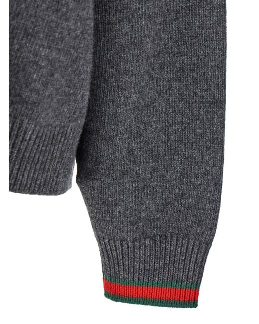 Gucci Gray Crewneck Sweater With Web Detail On The Cuffs