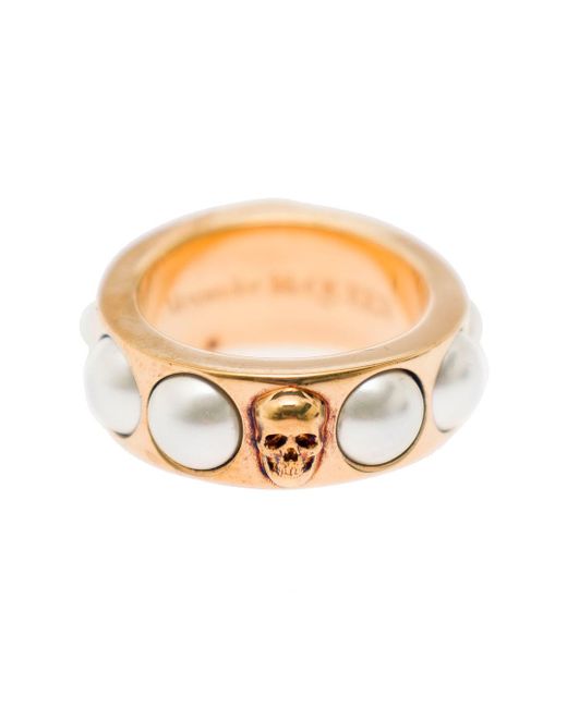 Alexander McQueen White Antique-Tone Ring With Skull And Pearl Embellishment