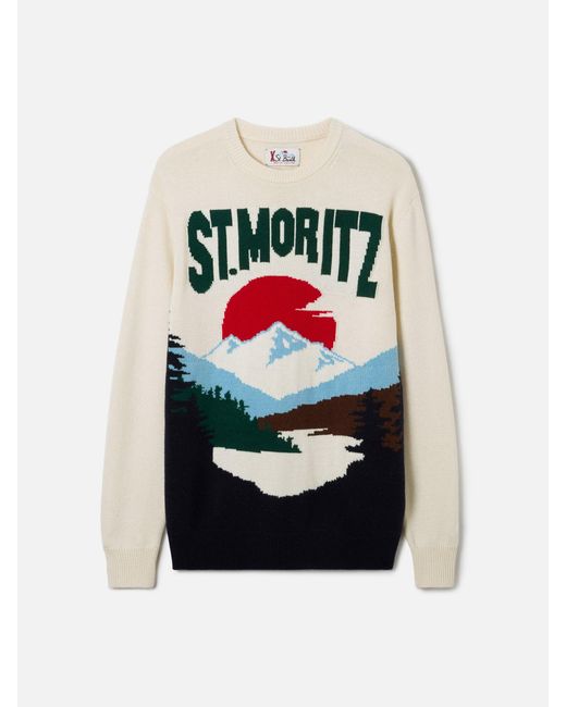 Mc2 Saint Barth White Crewneck Sweater Heron With St. Moritz Postcard Jacquard for men