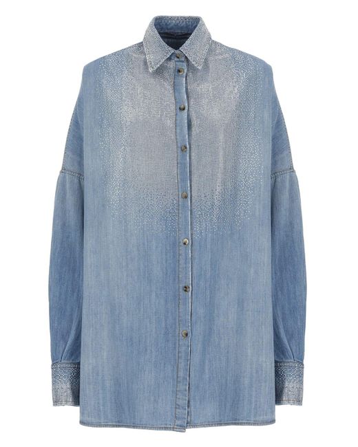 Ermanno Scervino Blue Cotton Shirt With Strass