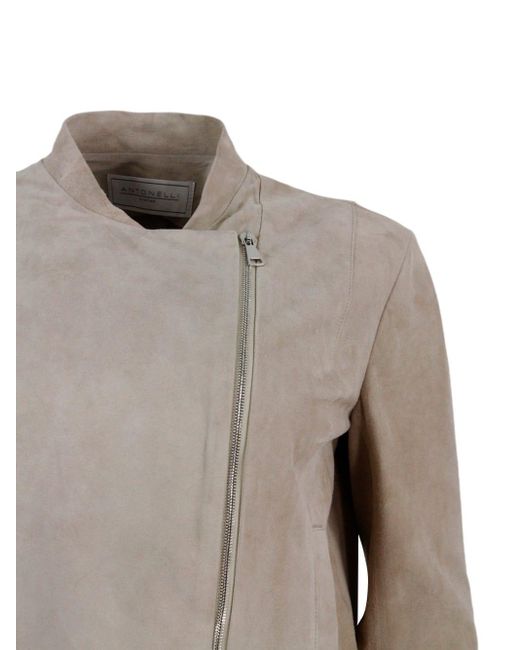 Antonelli Gray Biker Jacket Made Of Soft Suede. Side Zip Closure And Pockets On The Front